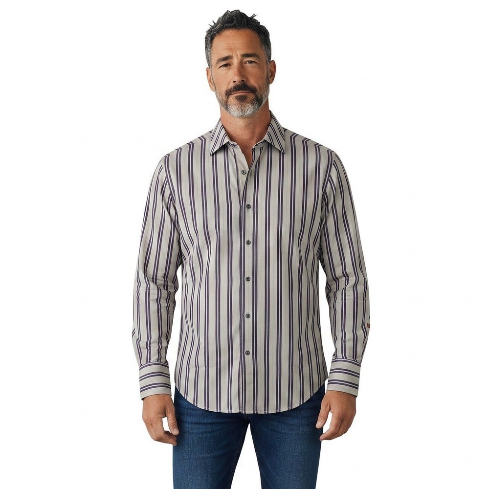 Robert Graham Mens Striped Long Sleeve Button Down Shirt Purple Green Brown M